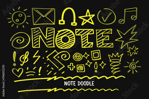 Yellow doodle illustrations and the word note on a black background
