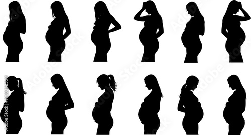 Pregnant woman silhouette collection, maternity poses set, expecting mother profile illustration, pregnancy stages, motherhood concept, black silhouette vector design