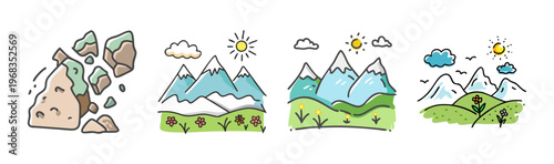 Rocky mountain slopes and green hills with sunny skies and clouds.