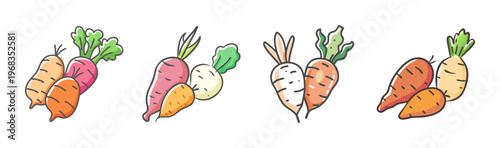 Hand drawn root vegetable icons, colorful carrot and radish sketches, organic farm produce SVG set, rustic garden vegetable illustrations