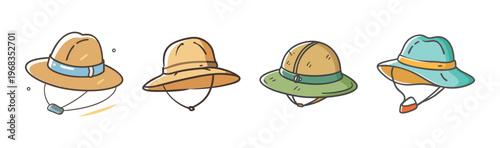 Safari sun hats collection, set of 4 outdoor adventure headwear icons, hand drawn explorer gear in earth tones, travel and camping apparel svg