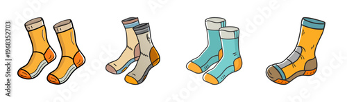Hand drawn hiking socks collection, colorful outdoor trekking hosiery set, 4 pairs of athletic wool socks in flat vector style