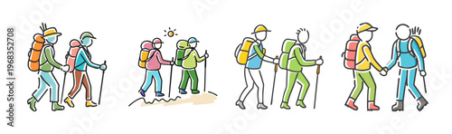 Hand drawn hiking characters set, colorful doodle hikers with backpacks and trekking poles, outdoor adventure people icons, 4 vector illustrations