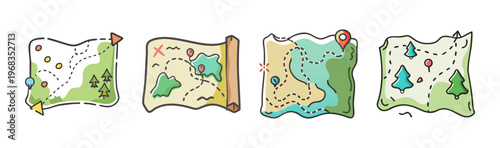 Hand drawn adventure map icons set, 4 vintage treasure map illustrations with pins and trails, colorful doodle style navigation graphics