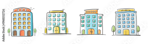 Collection of four cartoon-style hotel buildings with trees and simple backgrounds.