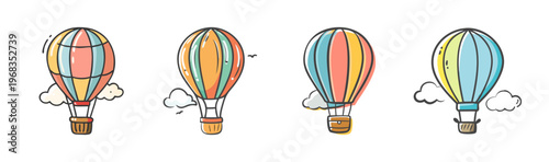 Vintage hot air balloon collection, set of 4 colorful hand drawn flying balloons with clouds, retro transport vector icons for travel design