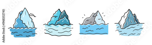 Hand drawn iceberg vector set, 4 arctic glacier icons in doodle style, floating ice mountain illustrations for environmental climate change concepts
