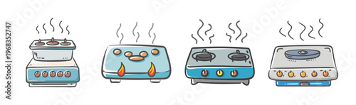 Hand drawn gas stove collection, set of 4 kitchen cooktop icons, blue and grey portable camping burners, domestic cooking appliance illustrations