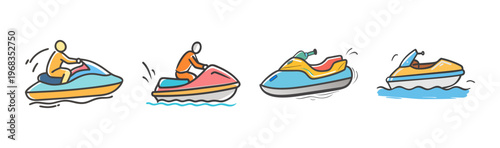 Four cartoon jet skis with riders speeding across wavy blue water.