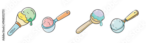 Pastel ice cream scoop collection, hand drawn doodle vector set of 4 dessert scoops, colorful summer treats in cartoon style