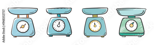 Vintage kitchen scales collection, hand drawn retro weighing machine set, 4 blue and green mechanical food scales in doodle style