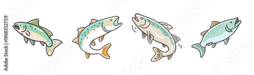 Four lively cartoon lake trout fish jumping and swimming, aquatic wildlife illustration