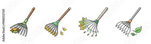Garden rake icons set, autumn leaf cleaning tools in flat line style, collection of 4 garden rakes with fallen leaves for seasonal yard work