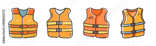 Bright orange and yellow life jackets for water safety, with adjustable straps