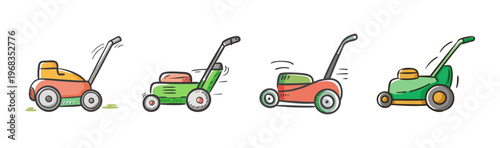 Lawn mowers in red and green, cutting grass in motion, garden maintenance