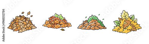 Autumn leaf piles collection, hand drawn fall foliage heaps in orange and green, set of 4 organic garden waste SVG icons for seasonal landscaping
