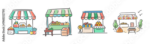 Hand drawn market stall collection, colorful street food vendor kiosks, set of 4 doodle style market booths with striped awnings
