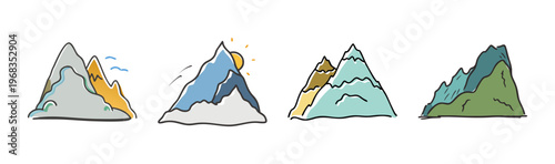 Hand drawn mountain peaks collection, set of 4 colorful mountain range icons in doodle style, minimalist nature landscape illustrations
