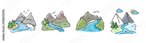 Hand drawn mountain landscape set, 4 colorful nature icons with river and forest, doodle style mountain peaks and valley scenery svg