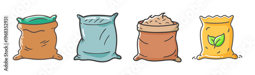 Hand drawn sack collection, 4 organic burlap bag icons, agricultural grain and seed sacks, cartoon fertilizer and soil bags for farming