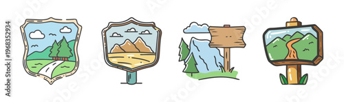 Vintage outdoor adventure badges, set of 4 nature landscape icons in SVG format, rustic mountain and forest trail emblems for camping and hiking