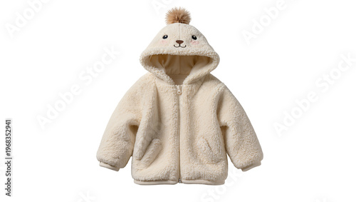 Foto Fluffy beige teddy bear hooded jacket with a zippered closure and soft plush tex
