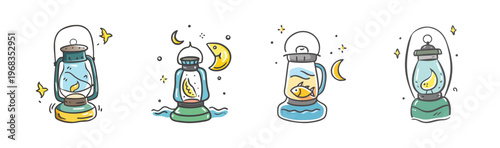 Hand drawn vintage camping lantern set, whimsical oil lamp illustrations with stars and moon, 4 rustic lantern icons for outdoor adventure