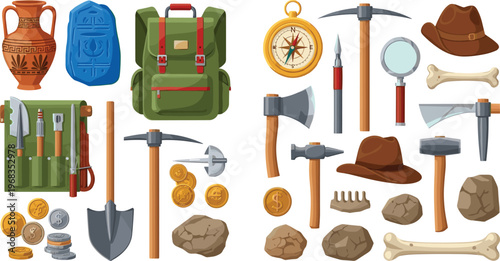Adventure exploration equipment vector set with backpack tools compass coins hat and mining gear collection for travel camping treasure hunt design isolated on white