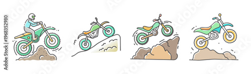 Motocross dirt bike icons set, off-road motorcycle racing illustrations, green enduro bike jumping over rocks, extreme sports vector graphics