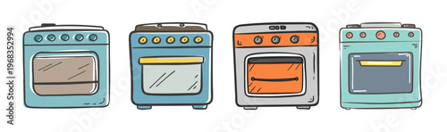 Group of four cartoon kitchen ovens with stovetops and oven doors for baking.