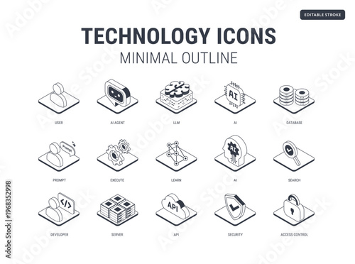 Outline Technology icons set for workflow diagram - Minimal line black and white - AI data, AI agent, machine learning, API cloud integration, server, database, security - isometric vector