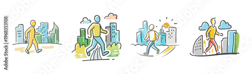 Hand drawn doodle people walking in city, set of 4 urban pedestrian icons, colorful sketch of men commuting in metropolitan landscape