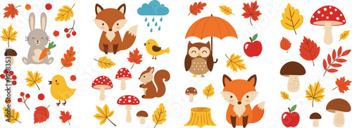 Autumn forest elements vector set with fox owl squirrel rabbit mushrooms leaves and fall season decorations collection for nature design isolated on white