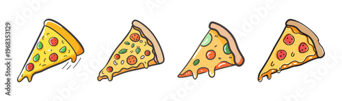 Hand drawn pizza slice collection, set of 4 cartoon pizza icons with pepperoni and cheese, colorful fast food vector illustrations for restaurant menus