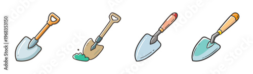 Variety of four hand trowels and spades for gardening and planting tasks