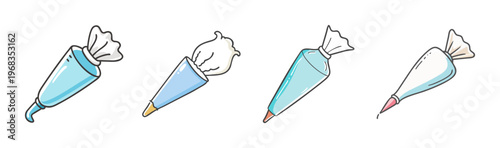 Pastry piping bag set with cream, professional bakery icing bags collection, 4 colorful cake decorating tools, culinary vector icons