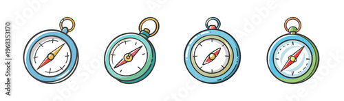 Set of four cartoon style pocket compasses for navigation and travel adventures