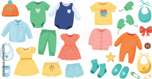 Baby clothes and accessories vector set with cute outfits shoes mittens and essentials for newborn fashion collection isolated on white background