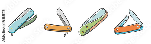 Collection of colorful pocket knives and multi-tools, isolated on white background.