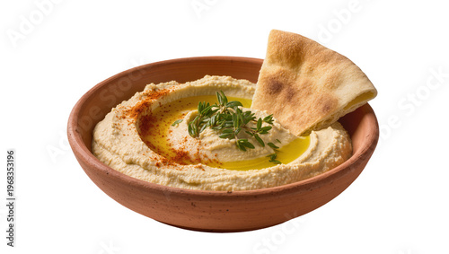 Billede på lærred Rustic earthenware bowl filled with creamy hummus sprinkled with paprika and fre
