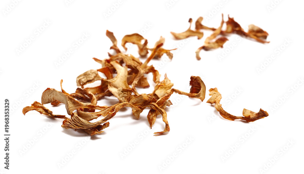 Fototapeta premium Dried, raw chanterelle mushroom pile, Cantharellus cibarius, isolated on white background, side view
