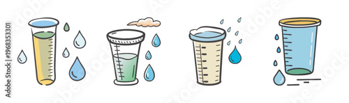 Hand drawn rain gauge icons set, meteorological measuring cylinder collection, weather station equipment for rainfall monitoring, 4 svg elements
