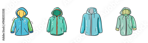 Hand-drawn raincoat collection, set of 4 waterproof hooded jackets in blue and green, doodle style rain gear icons for autumn weather