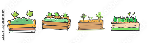 Hand-drawn wooden planter boxes with green seedlings, set of 4 garden bed illustrations, rustic vegetable garden containers in SVG format