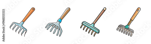 Garden rake icon set with wooden handles, 4 garden hand tools for soil cultivation, flat vector illustration of metal garden rakes