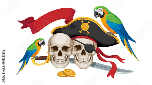 Vibrant tropical birds perched around a pirate-themed skull and crossed swords Vector
