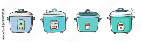 Collection of cute cartoon rice cookers, modern kitchen appliances for easy cooking