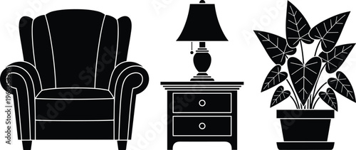 Vector silhouettes of armchair, nightstand with lamp, and potted plant representing home interior furniture, decor, and minimalist living design