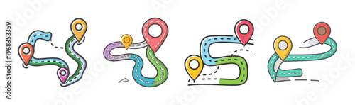 Colorful hand-drawn map routes with location pins and dotted lines for travel planning.