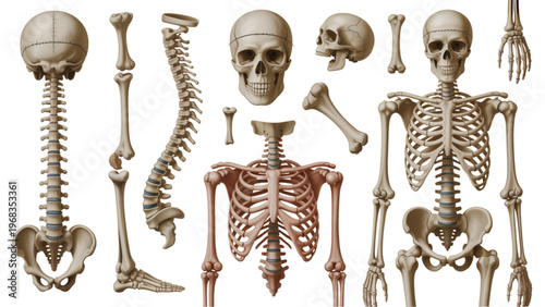 Diverse skeletal remains of various vertebrates arranged in a comparative display Vector